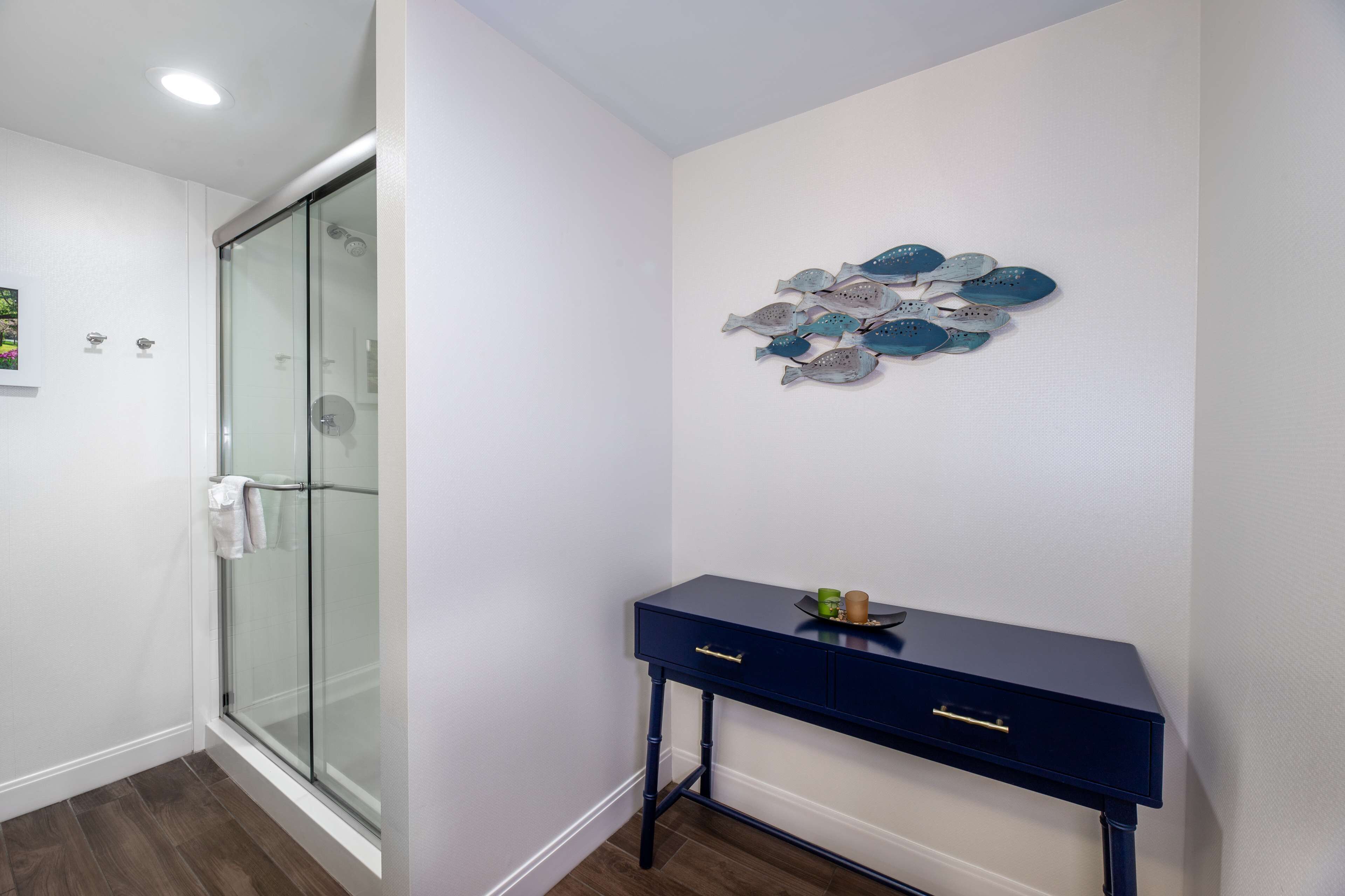 suite, 1 king bed, refrigerator & microwave, lake view | bathroom shower