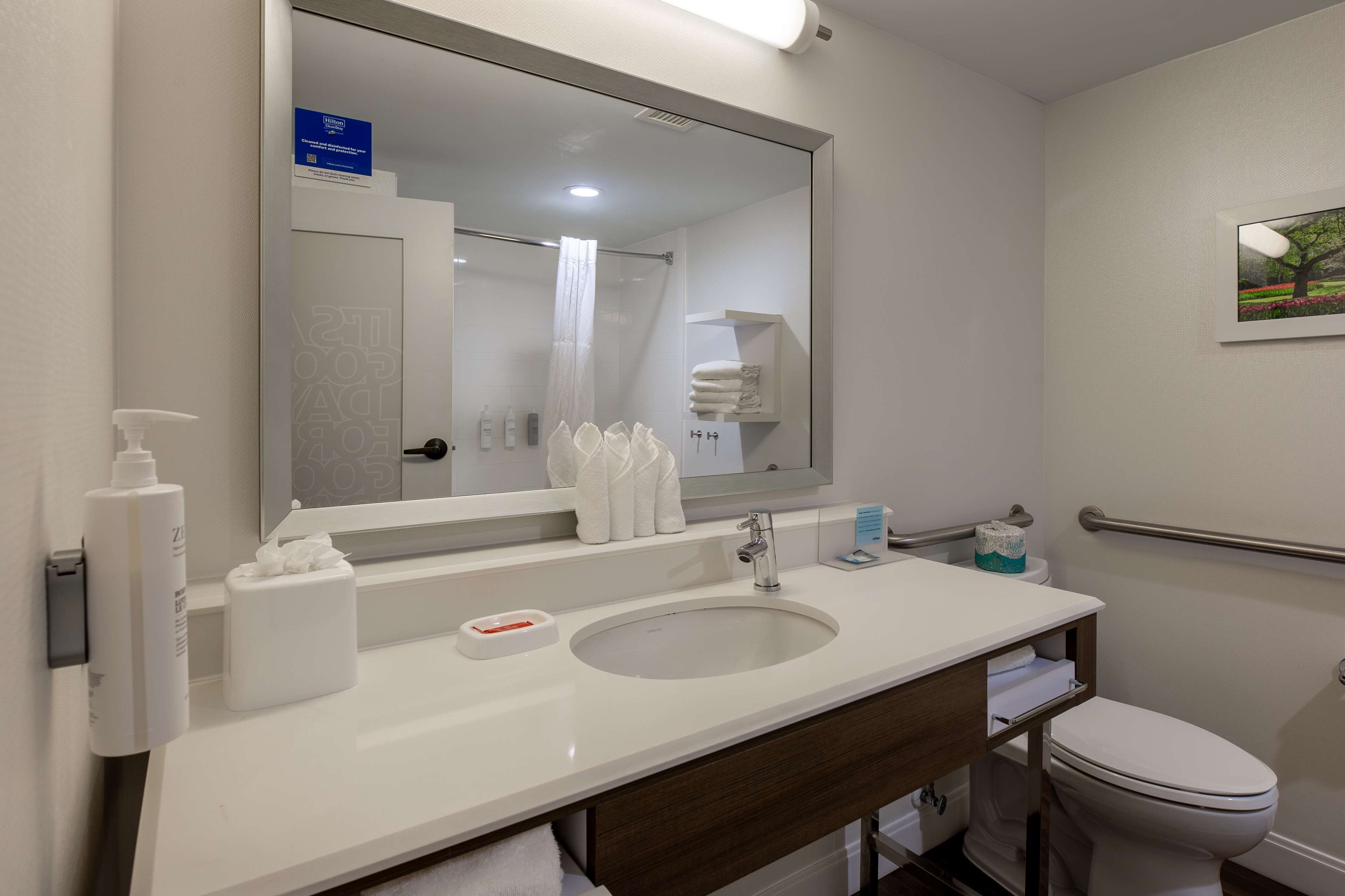 Un baño con un lavabo blanco, un espejo grande, un inodoro y una zona de ducha.