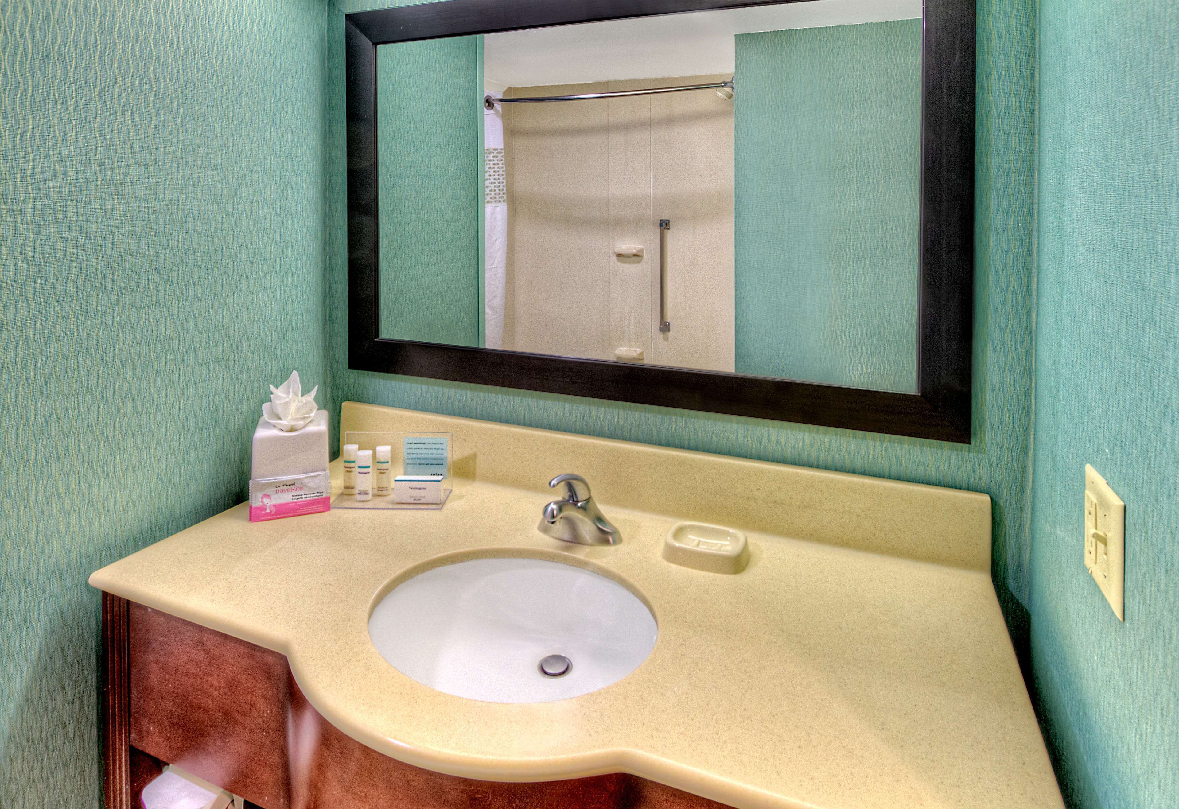 combined shower/bathtub, free toiletries, hair dryer, towels