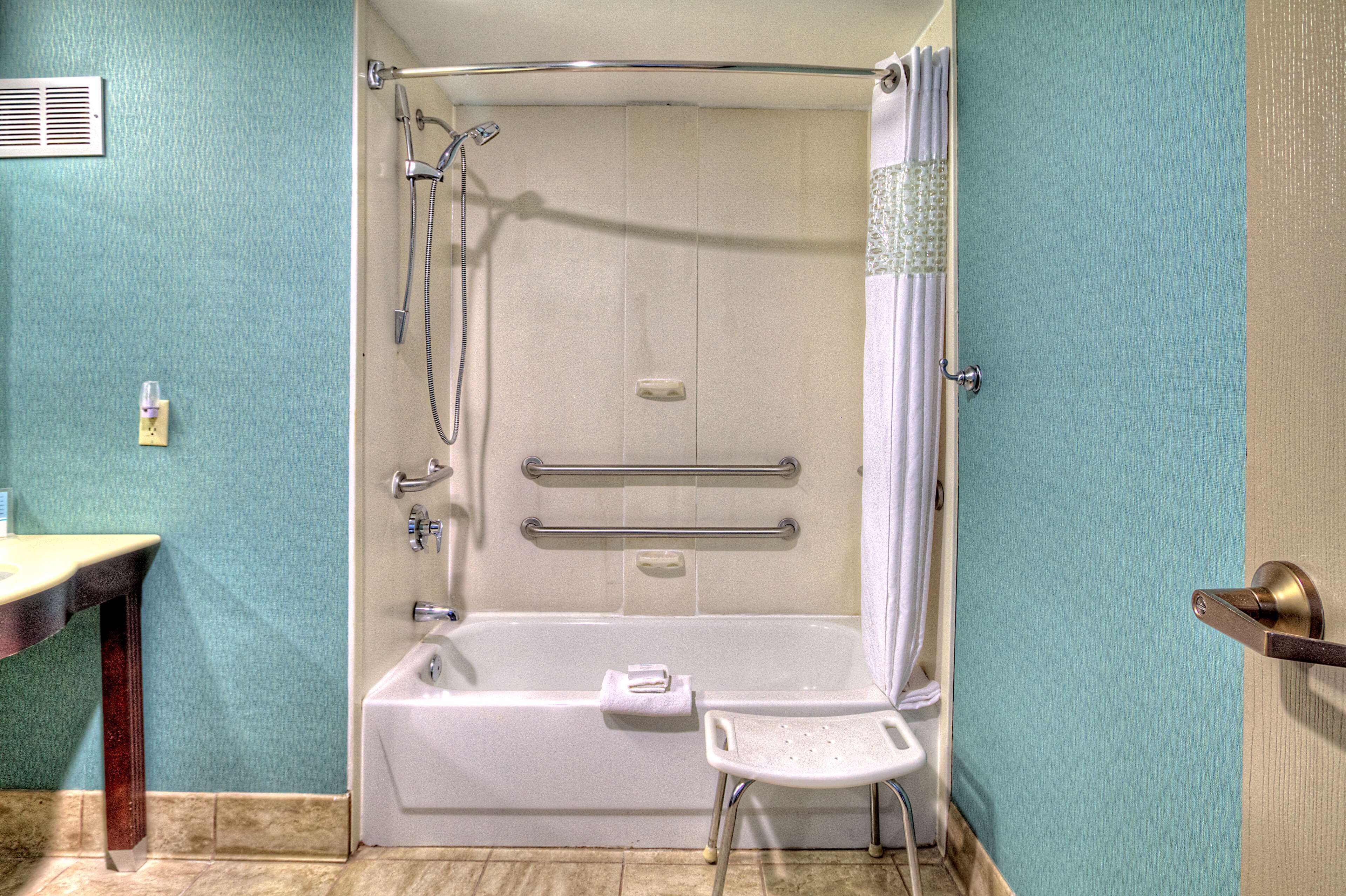 combined shower/bathtub, free toiletries, hair dryer, towels
