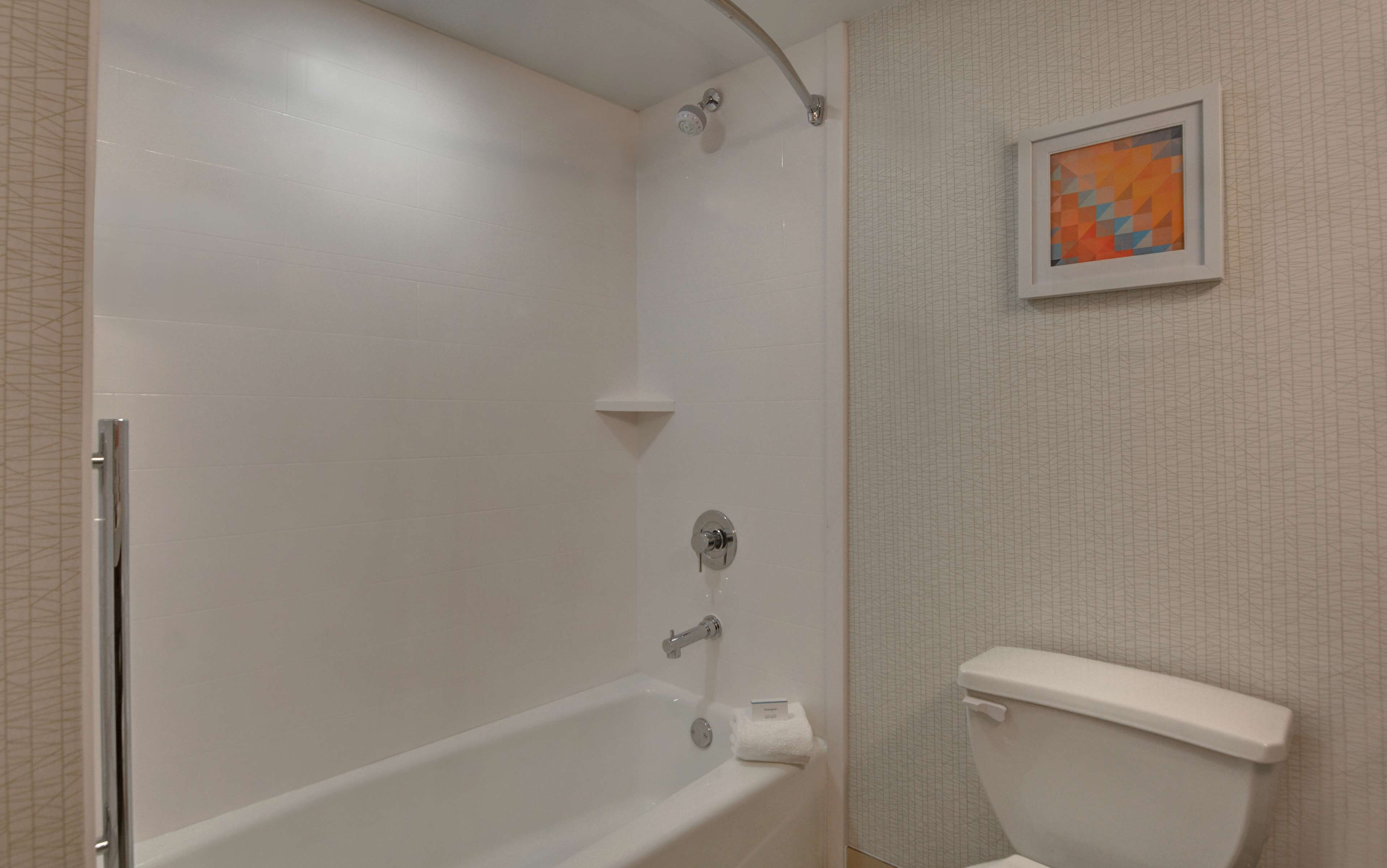 Un baño con bañera, inodoro y un cuadro en la pared.