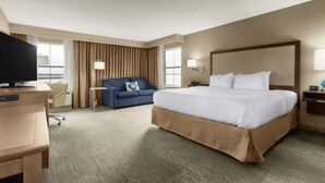 Habitación de hotel con una cama grande, un escritorio, un sofá, un televisor y una ventana con cortinas.