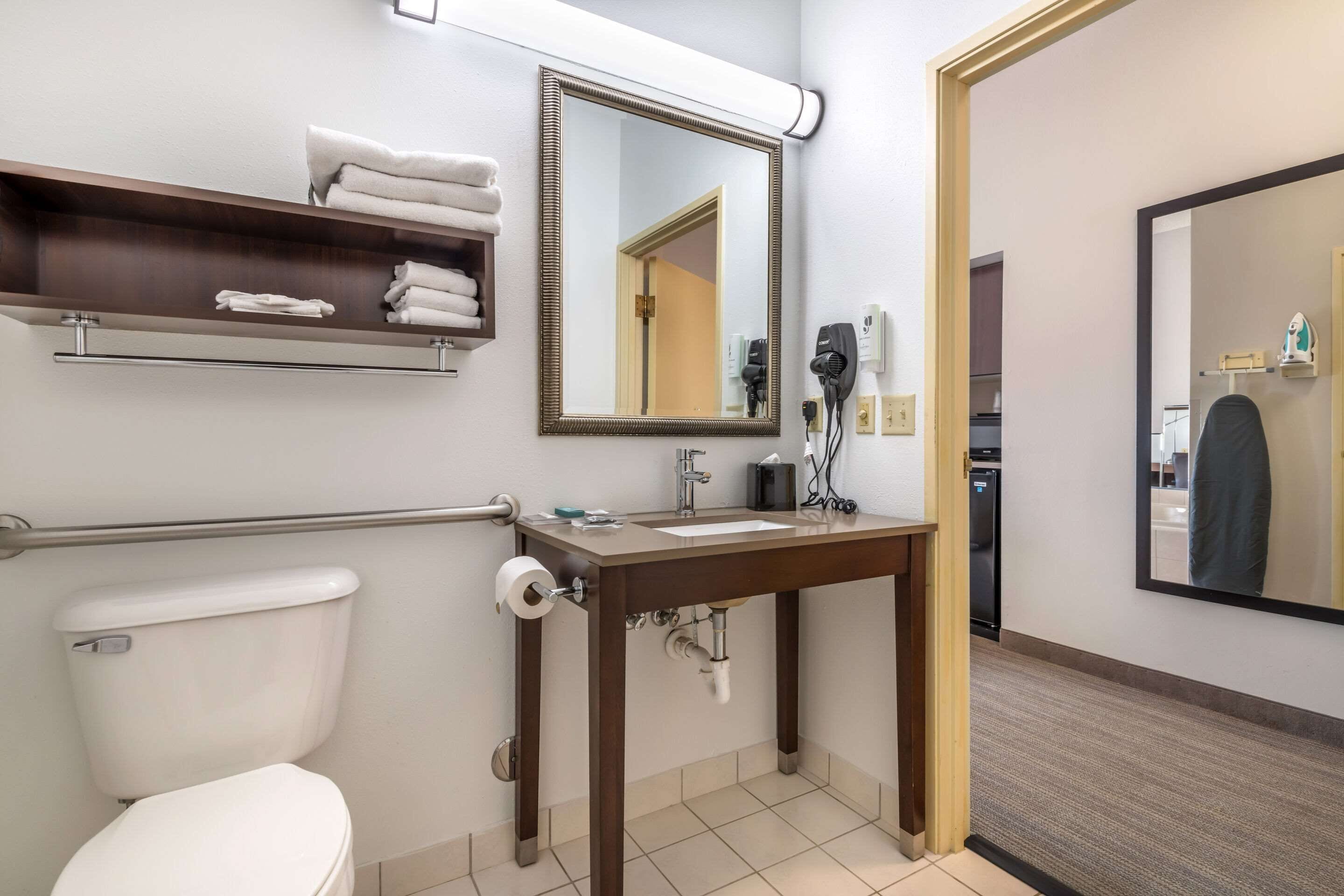 1 bedroom, desk, blackout curtains, iron/ironing board