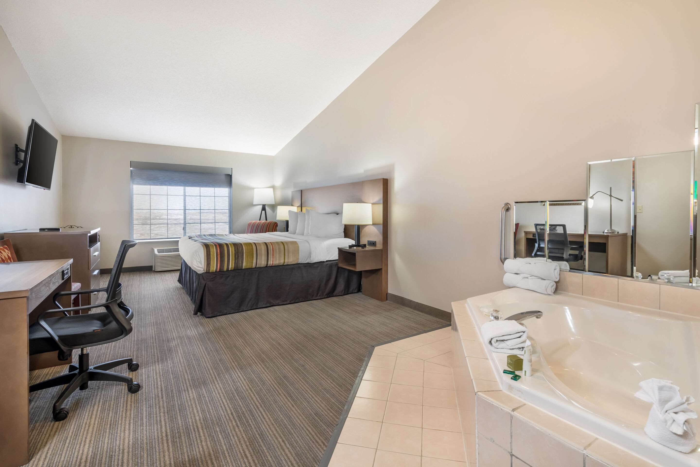 1 bedroom, desk, blackout curtains, iron/ironing board