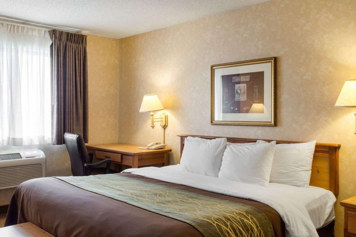 A hotel room with a large bed, a desk, two bedside lamps, a framed picture on the wall, and a window with curtains.