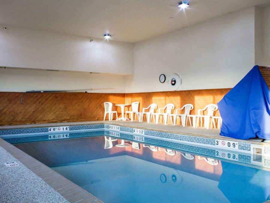 Una piscina con sillas blancas y una cubierta azul, una pared de madera y un reloj en la pared.