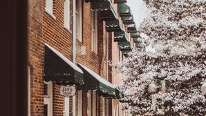 A row of brick townhouses with green awnings and a snow-covered tree. - General Morgan Inn (Greeneville)
