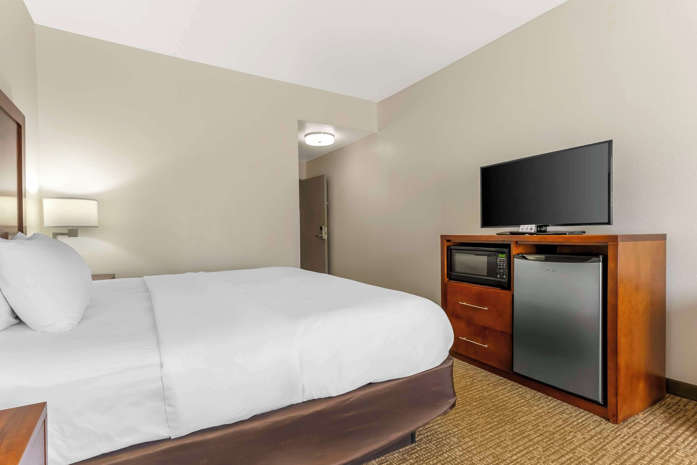 A hotel room with a bed, a television, a microwave, and a refrigerator.