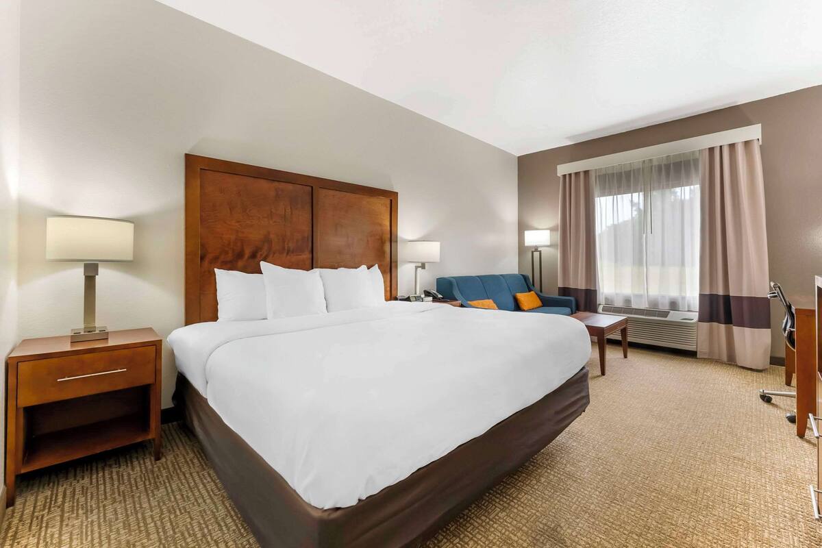 A hotel room with a large bed, a desk, a chair, and a sofa.