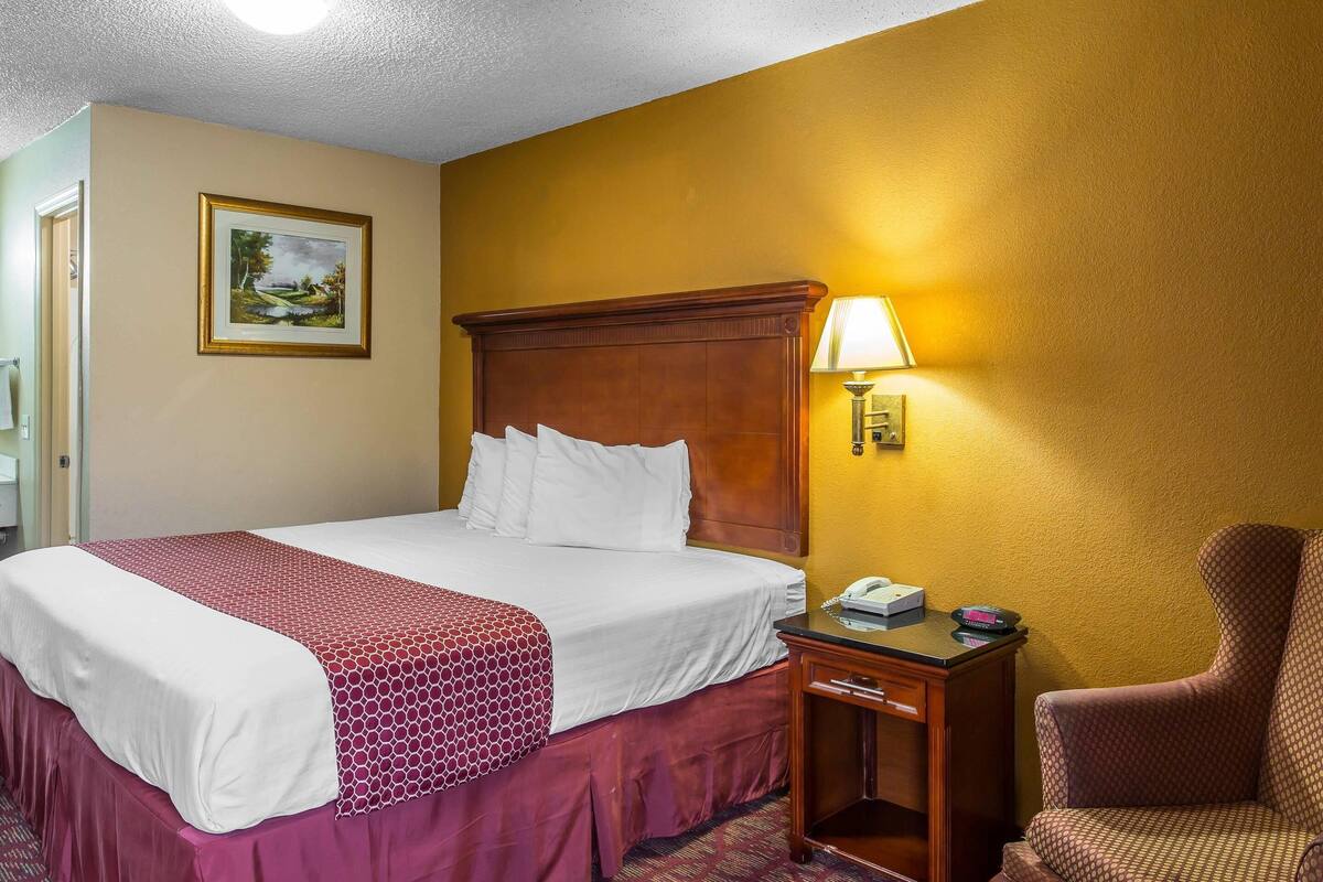 A hotel room with a bed, a nightstand, a lamp, a chair, and a painting on the wall.