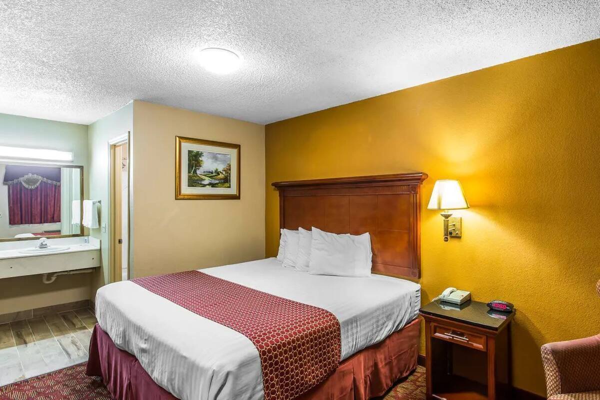 A hotel room with a bed, bedside table, lamp, and a chair.