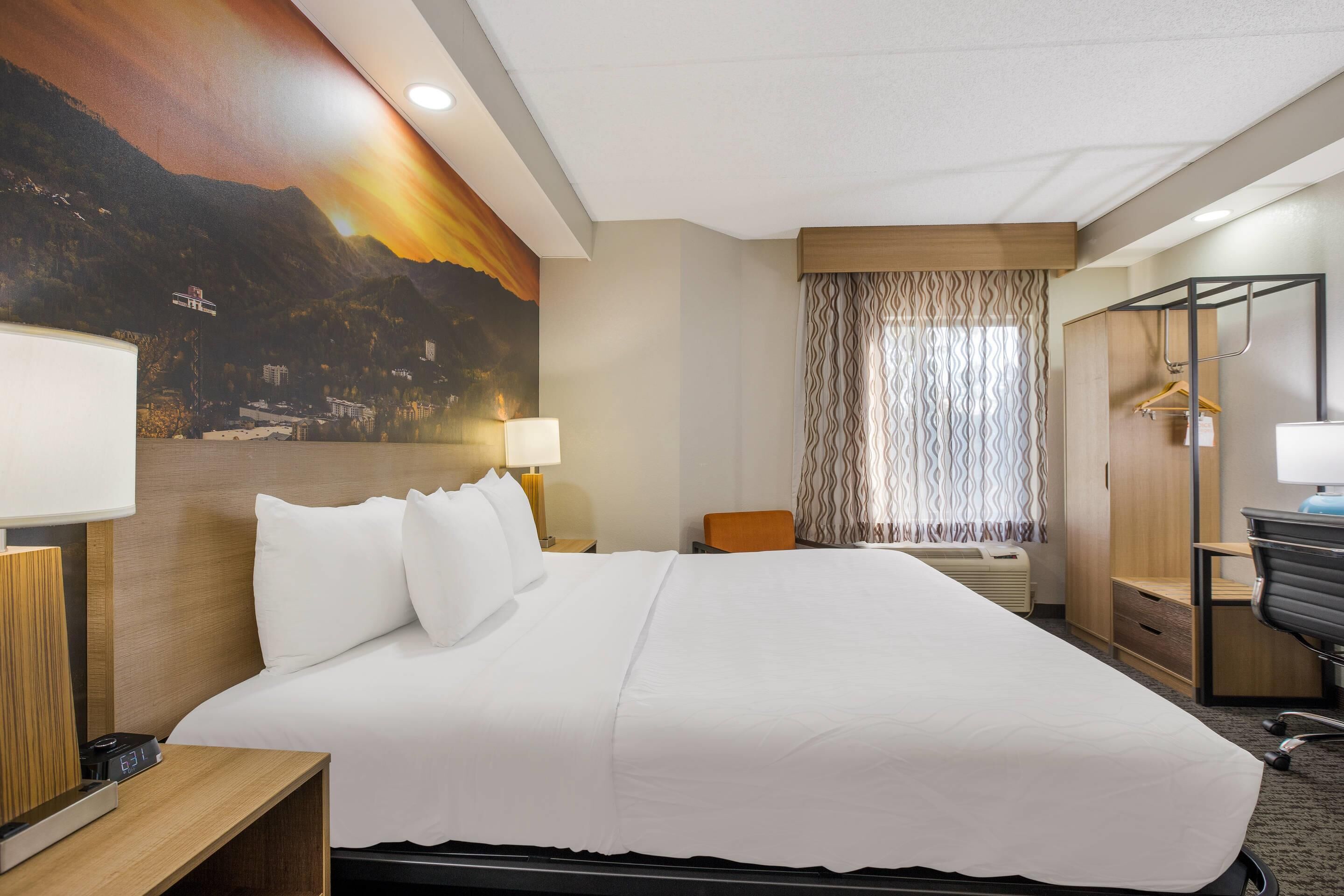 Premium bedding, desk, blackout curtains, iron/ironing board