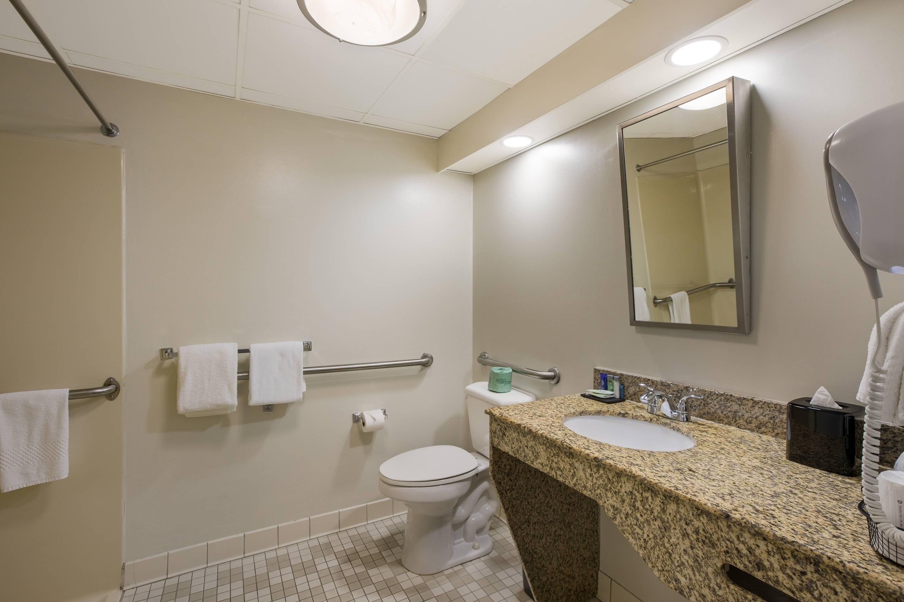 A hotel bathroom with a shower, toilet, sink, and a mirror.