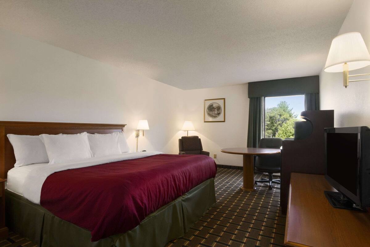 A hotel room with a large bed, a desk with a chair, a television, and a window with a view of trees.