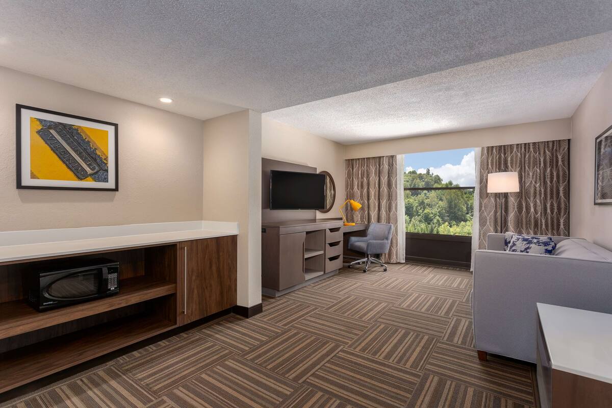 A hotel room with a flat-screen TV, a microwave, a desk, a chair, a sofa, and a window with curtains.