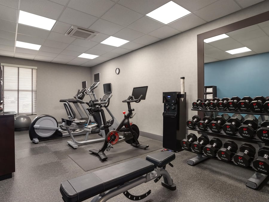 A gym with exercise equipment, a bench, and a rack of dumbbells.