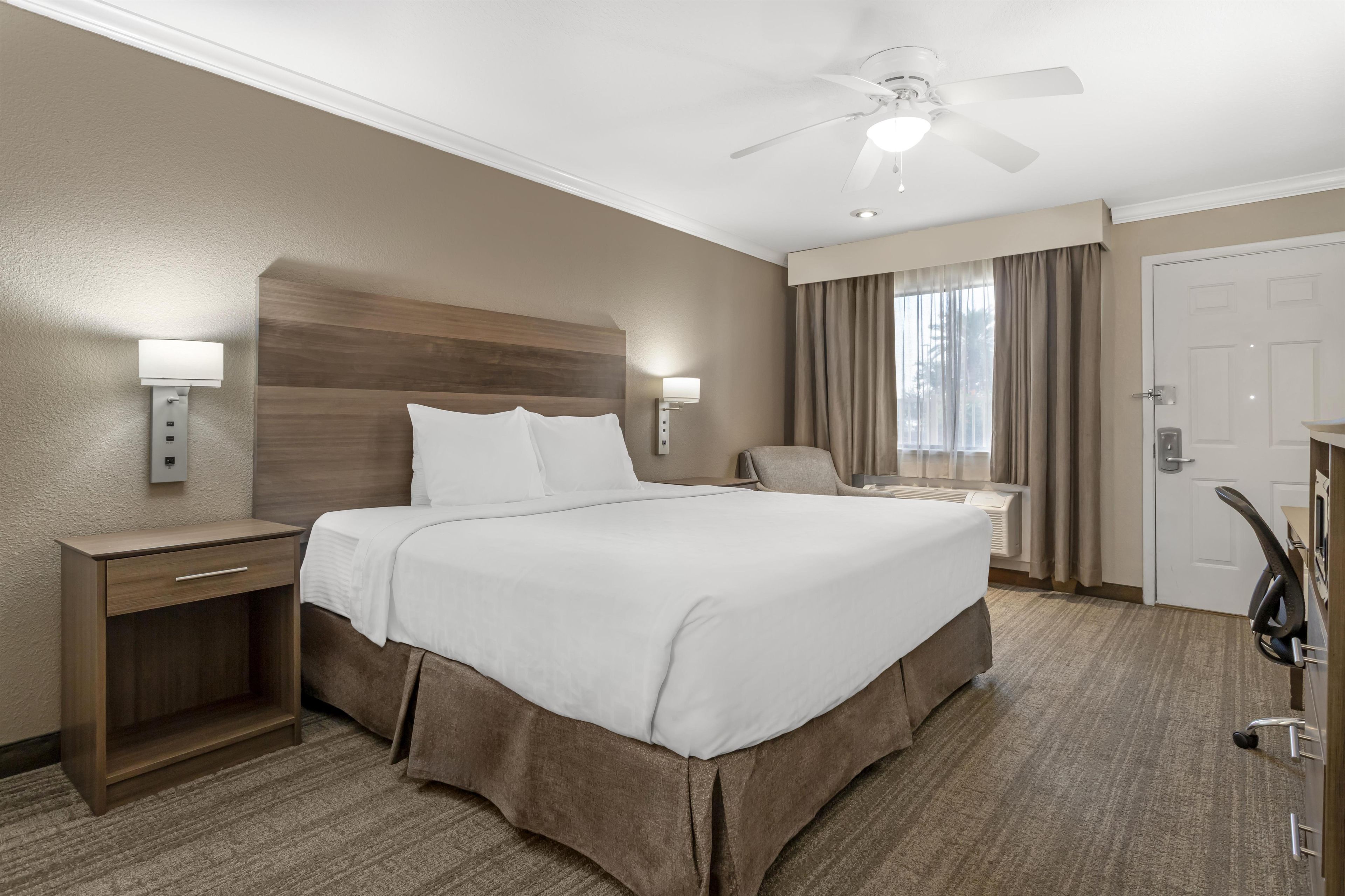 A hotel room with a large bed, bedside tables, a ceiling fan, and a view of the outdoors.