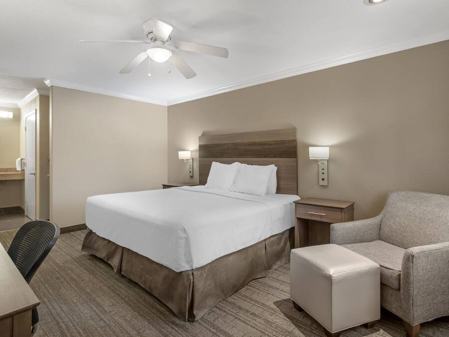 A hotel room with a bed, a chair, a desk, and a ceiling fan.
