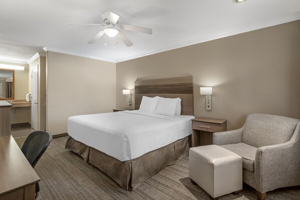 Habitación de hotel con cama, una silla, un escritorio y un ventilador de techo.