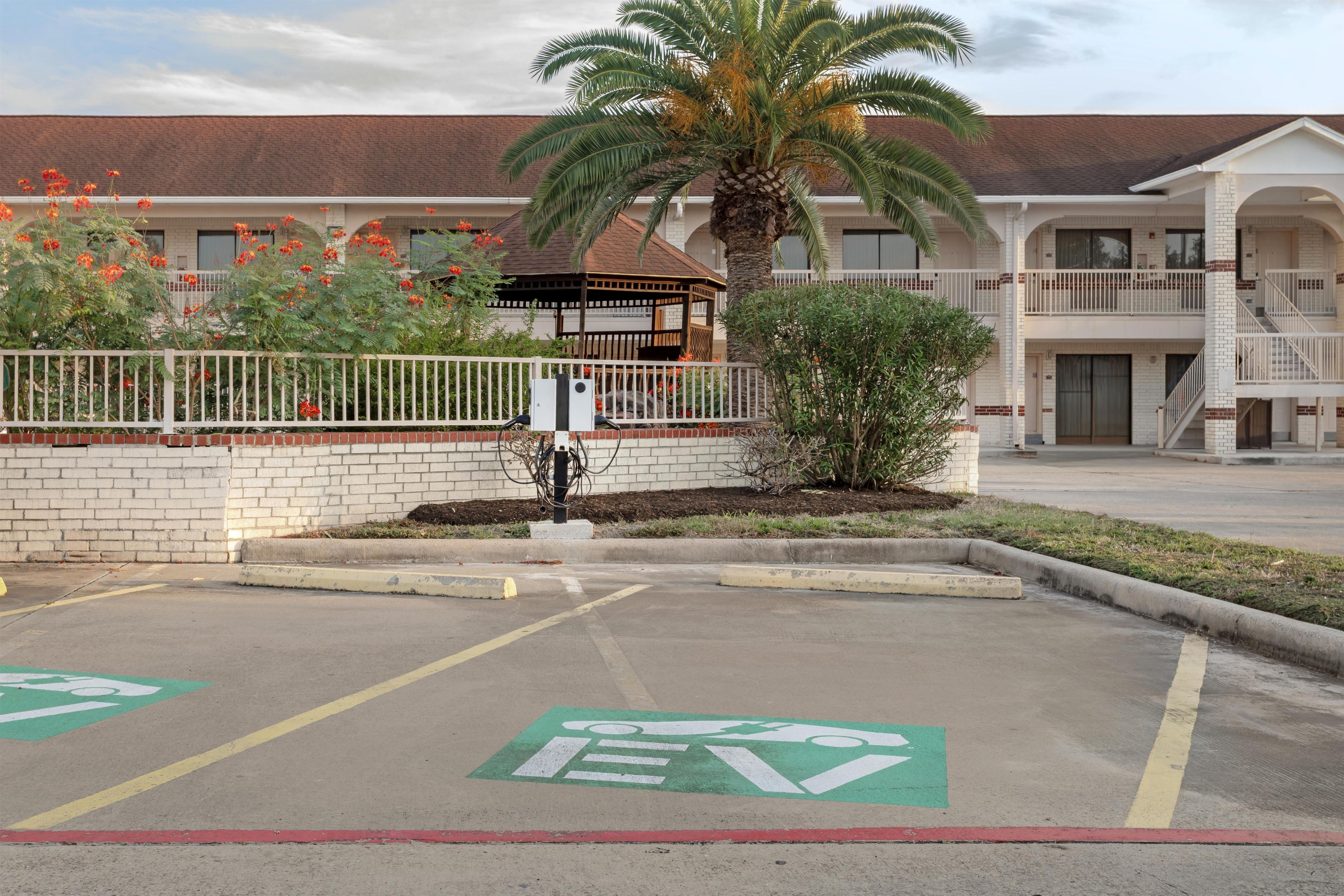 Uma área de estacionamento com vagas para deficientes, uma palmeira e um edifício com fachada de tijolos e sacadas.