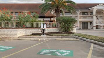 Uma área de estacionamento com vagas para deficientes, uma palmeira e um edifício com fachada de tijolos e sacadas.