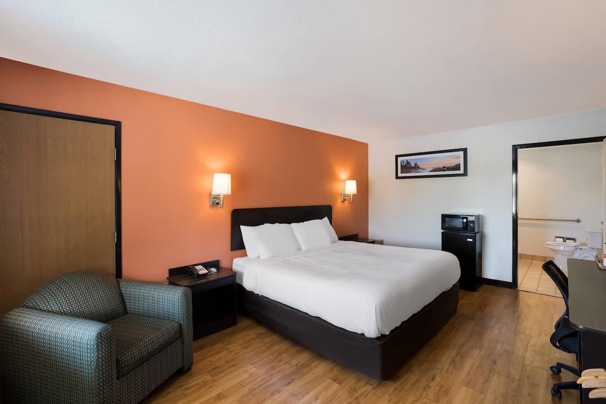A hotel room with a bed, a chair, a desk, a nightstand, a microwave, a sink, and a framed picture on the wall.
