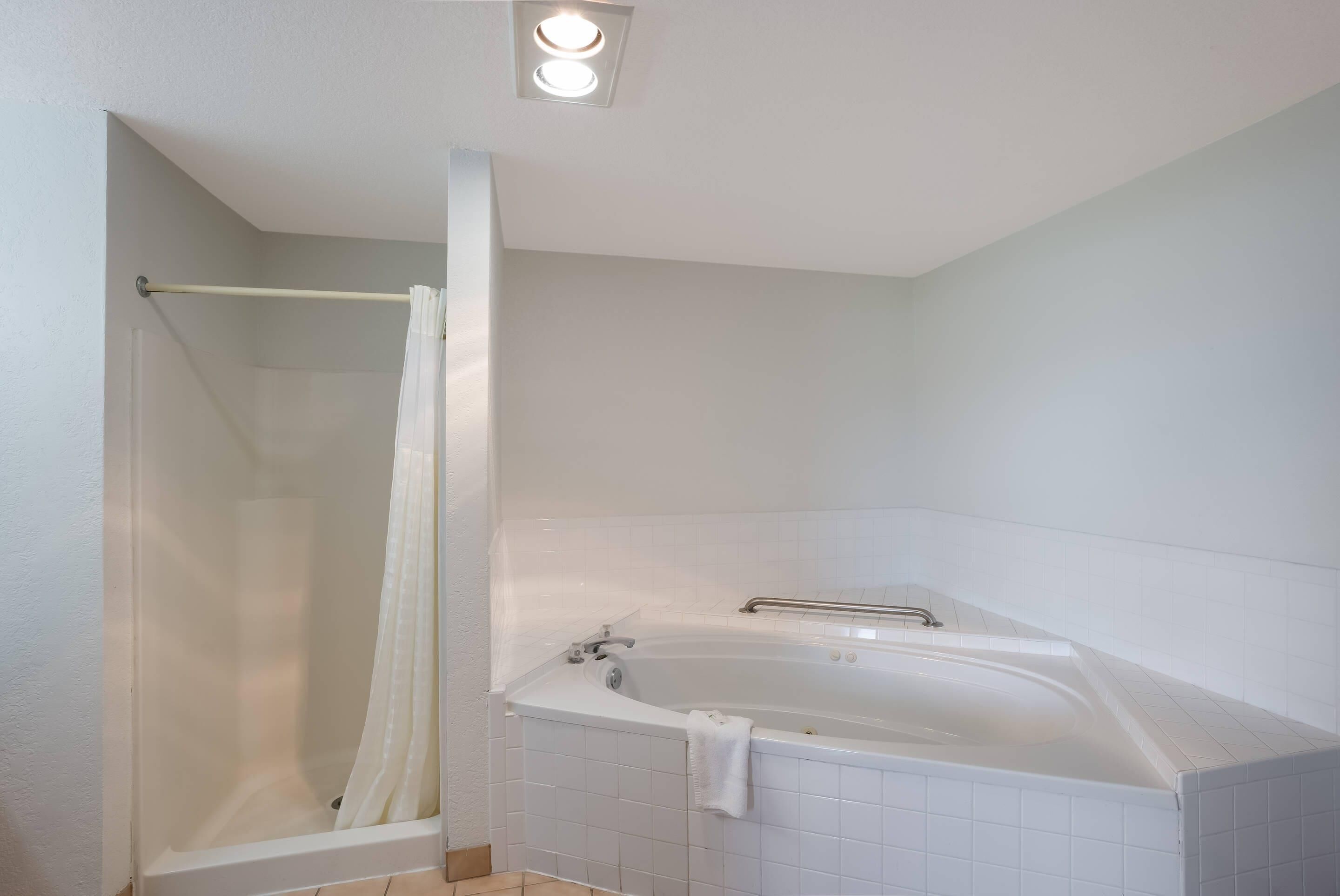 Een badkamer met een douchecabine, een bad en een plafondlamp.