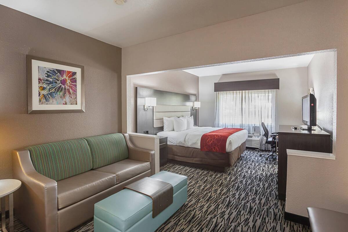 Een hotelkamer met een bed, een bank, een bureau en een televisie.