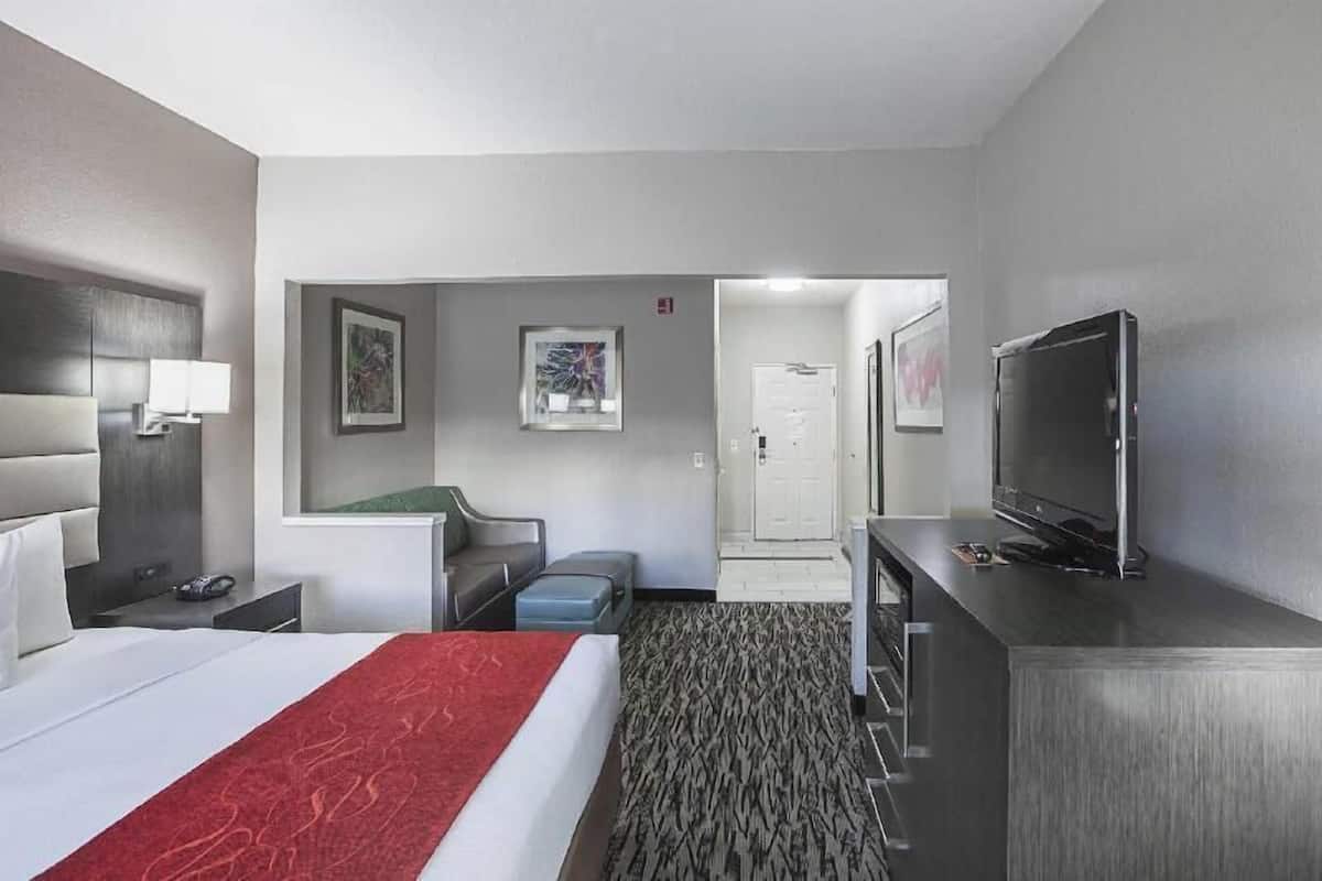 Een hotelkamer met een bed, een bureau, een televisie en een deur naar een gang.