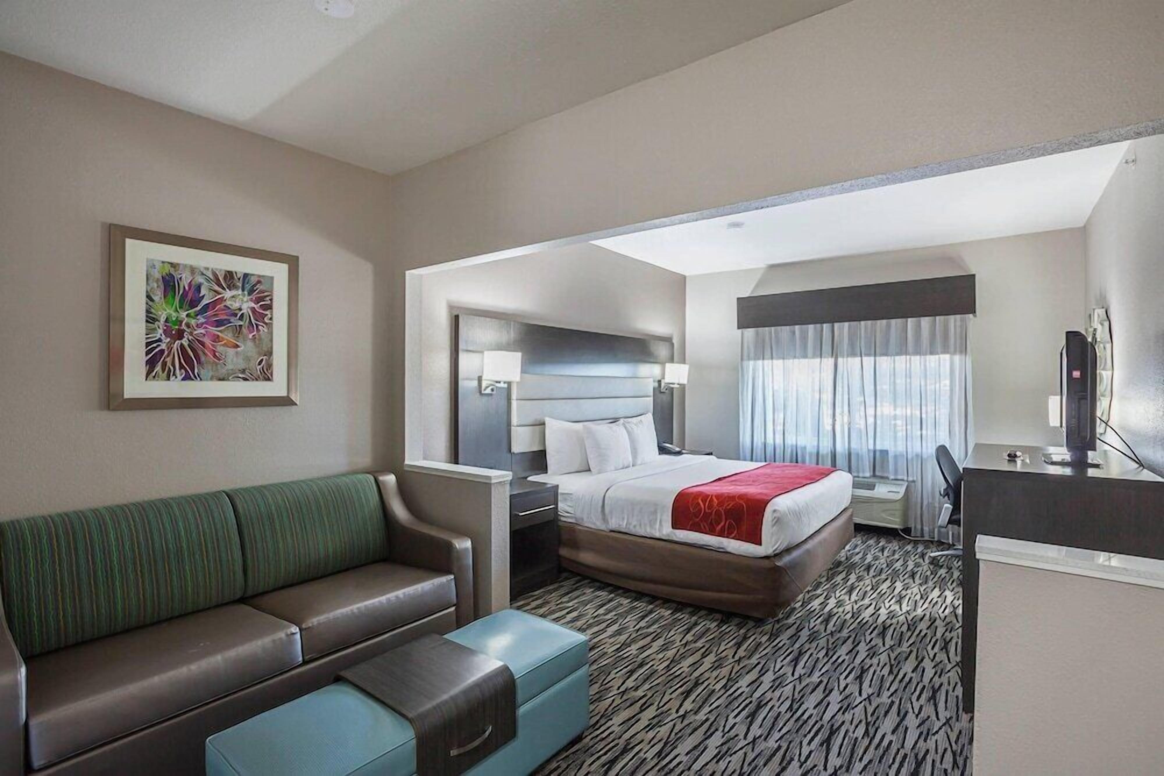 Premium bedding, Select Comfort beds, desk, blackout curtains