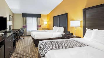 Premium bedding, pillowtop beds, desk, laptop workspace
