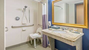 A bathroom with a shower, a sink with a mirror, and a wheelchair-accessible chair.