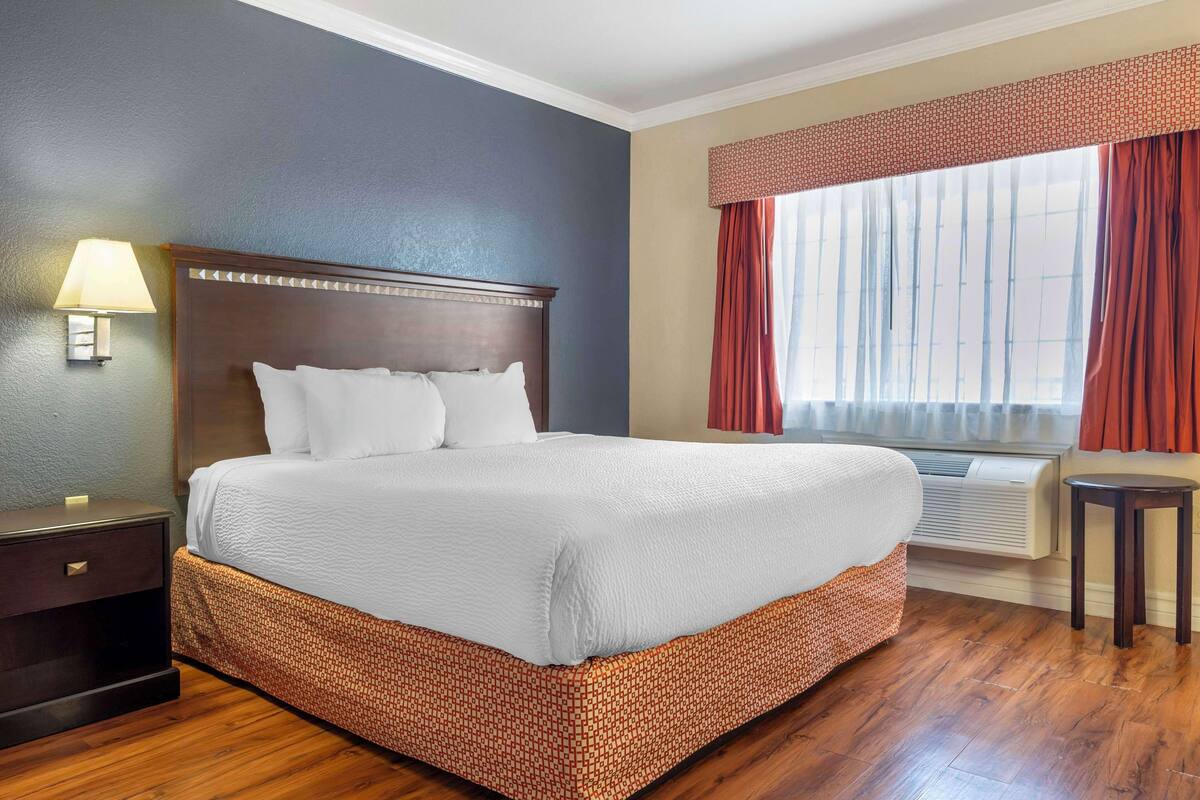 Quarto de hotel com uma cama grande, mesa de cabeceira, luminária, janela com cortinas e radiador.