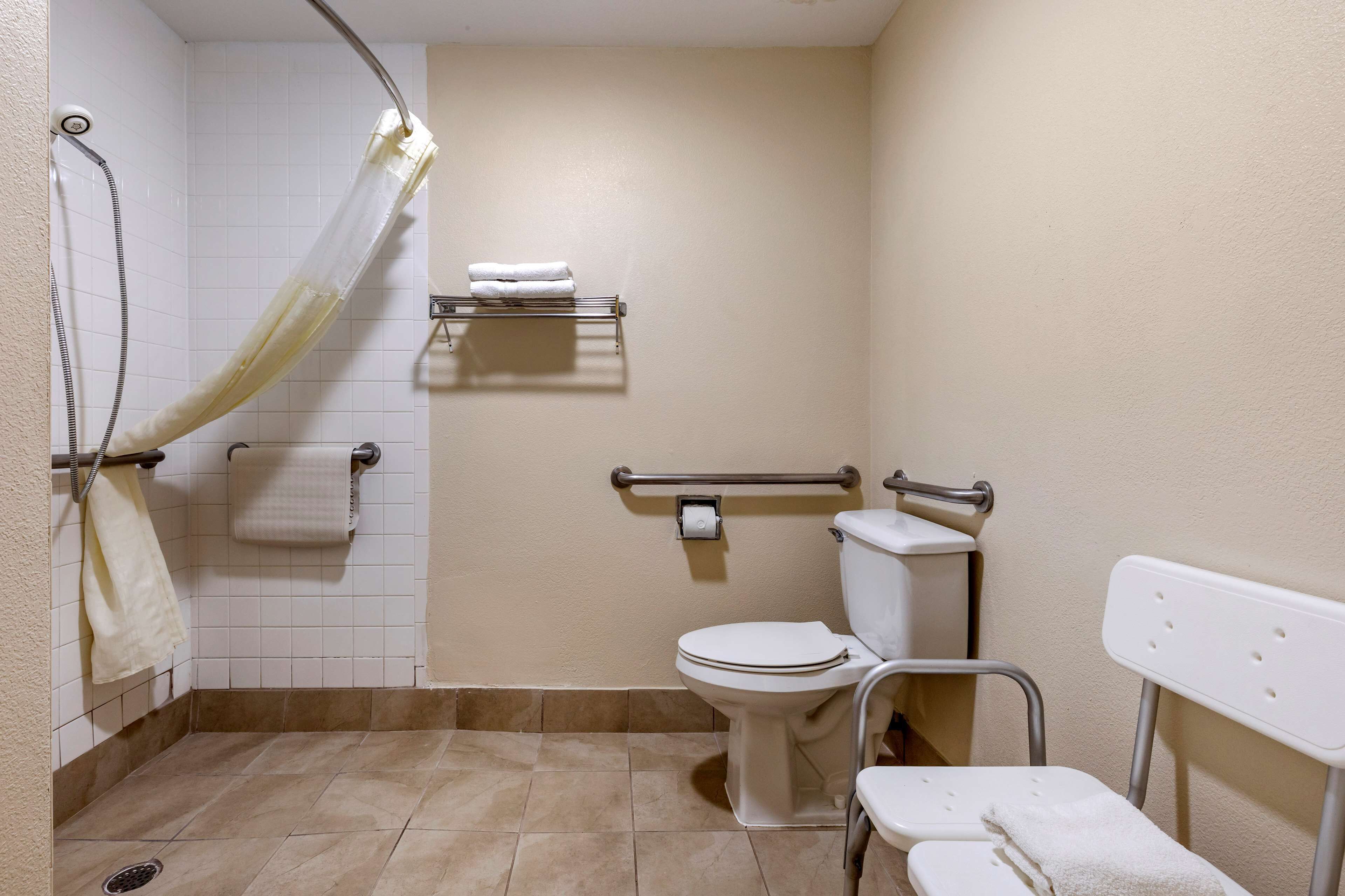 Une salle de bain équipée d’une douche, de toilettes et d’une barre d’appui.
