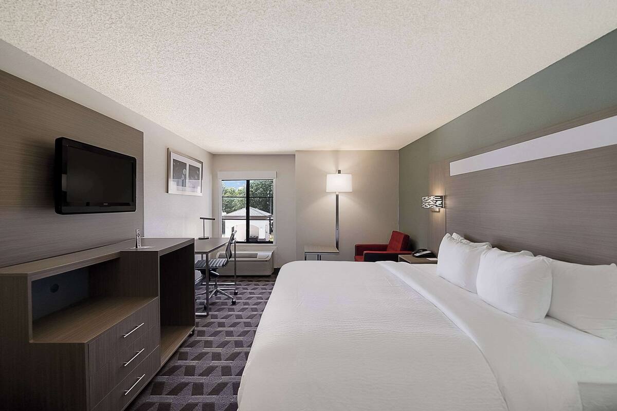A hotel room with a large bed, a desk, a chair, a TV, and a window with a view.