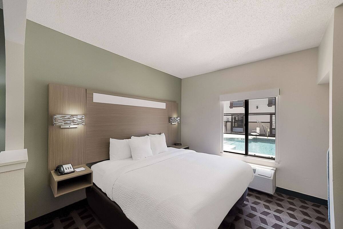 A hotel room with a large bed, a nightstand, a wall-mounted lamp, and a window with a pool view.