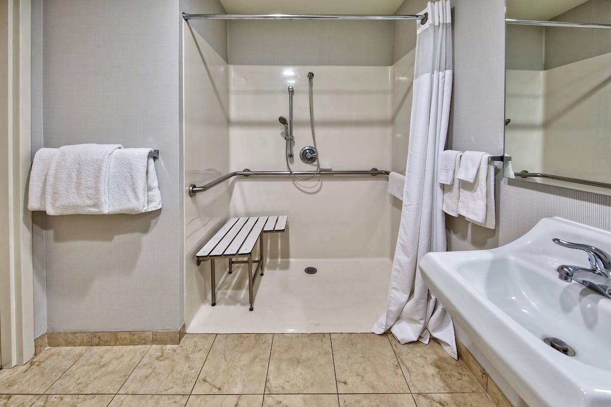 combined shower/bathtub, free toiletries, hair dryer, towels