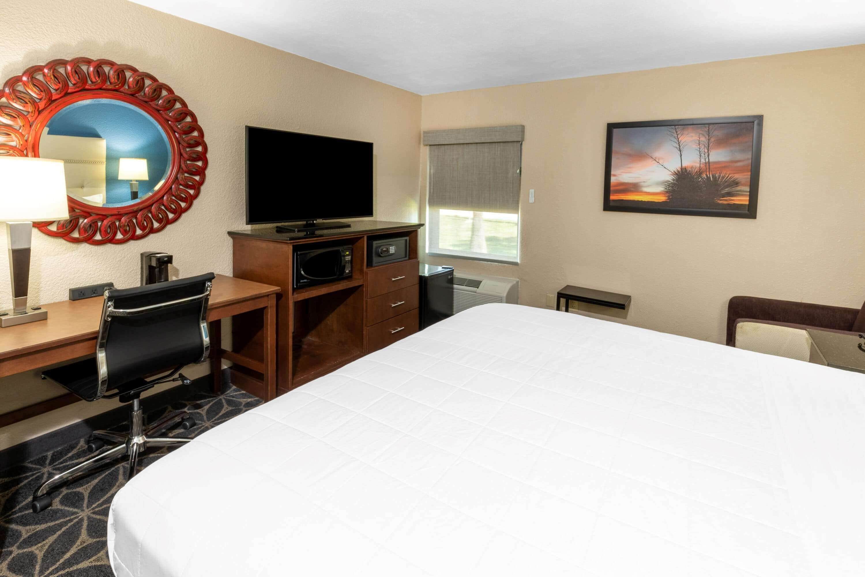 Habitación de hotel con una cama grande, un escritorio con silla, televisor, espejo, un cuadro y ventana con vistas.