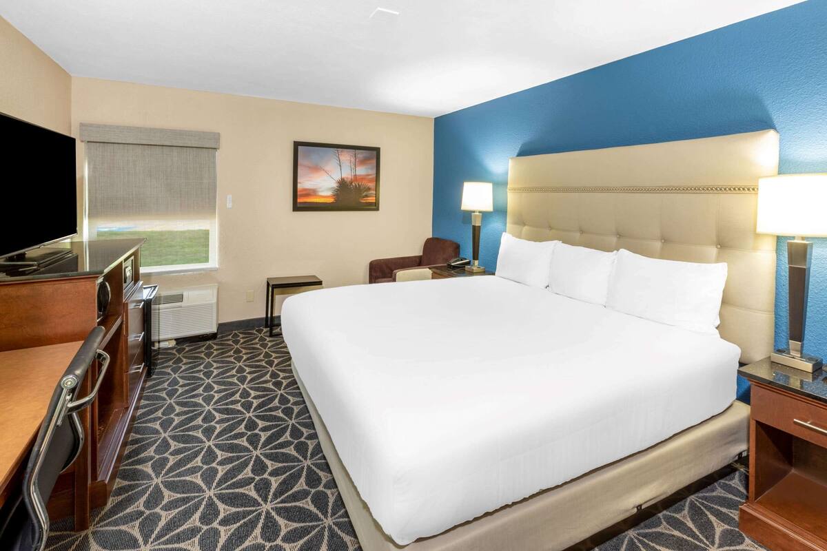 Habitación de hotel con una cama grande, un escritorio con televisor, una silla y ventana con vistas al exterior.
