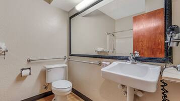 A bathroom with a toilet, sink, and mirror.