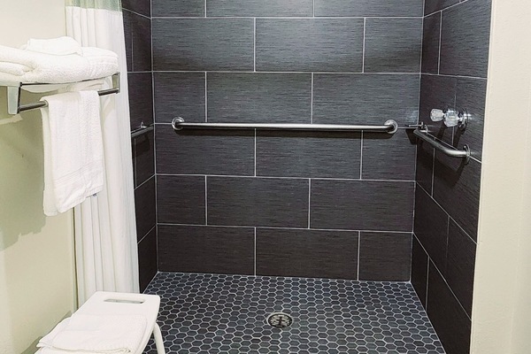 Room, 1 King Bed, Accessible, Non Smoking (Roll-In Shower) | Bathroom | Combined shower/tub, free toiletries, hair dryer, towels