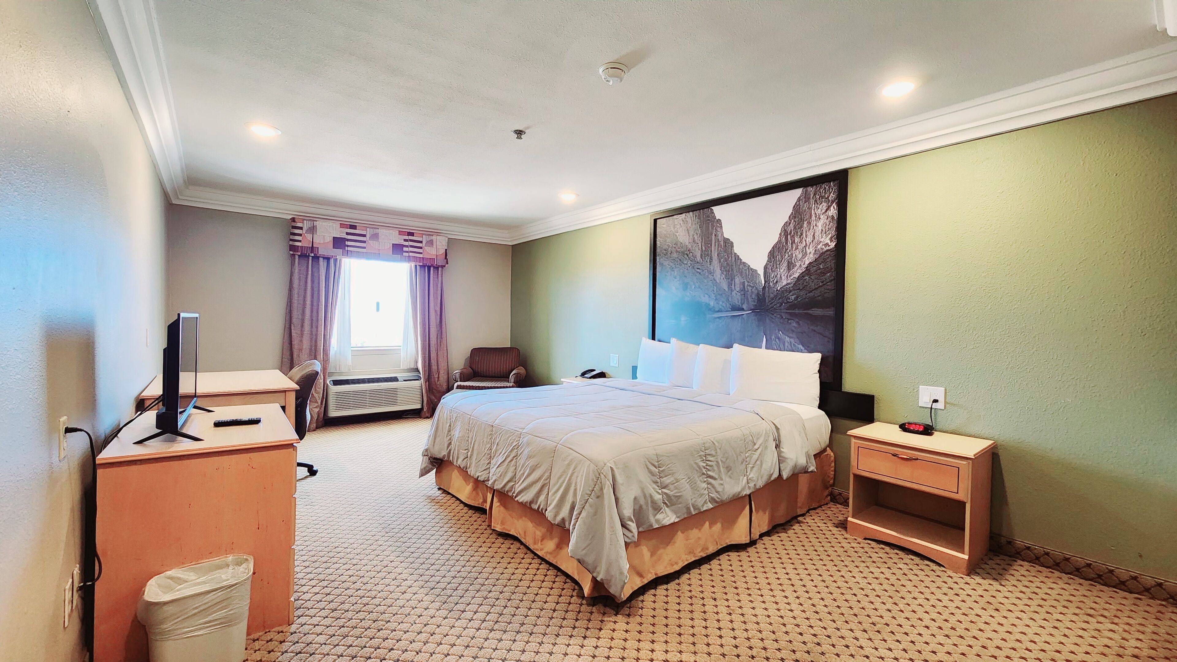 A hotel room with a bed, a desk, a chair, a TV, a heater, a nightstand, and a painting on the wall.