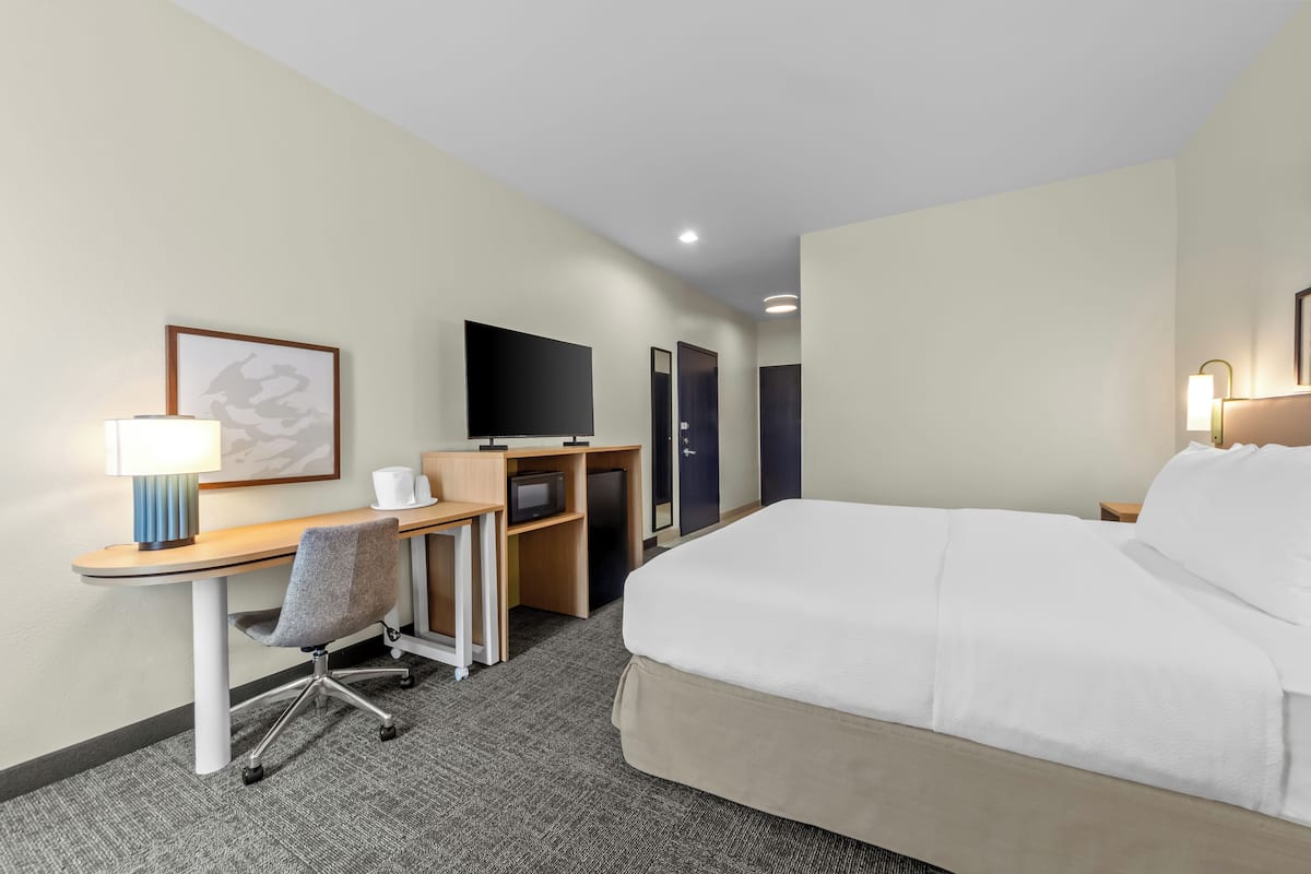 A hotel room with a bed, desk, chair, television, and a framed picture on the wall.