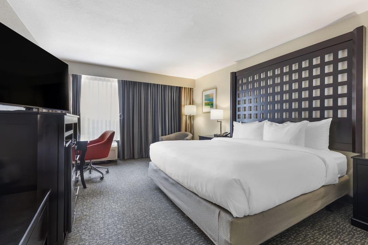 Quarto de hotel com uma cama grande, uma escrivaninha com cadeira, televisão e vista para a cidade pela janela.