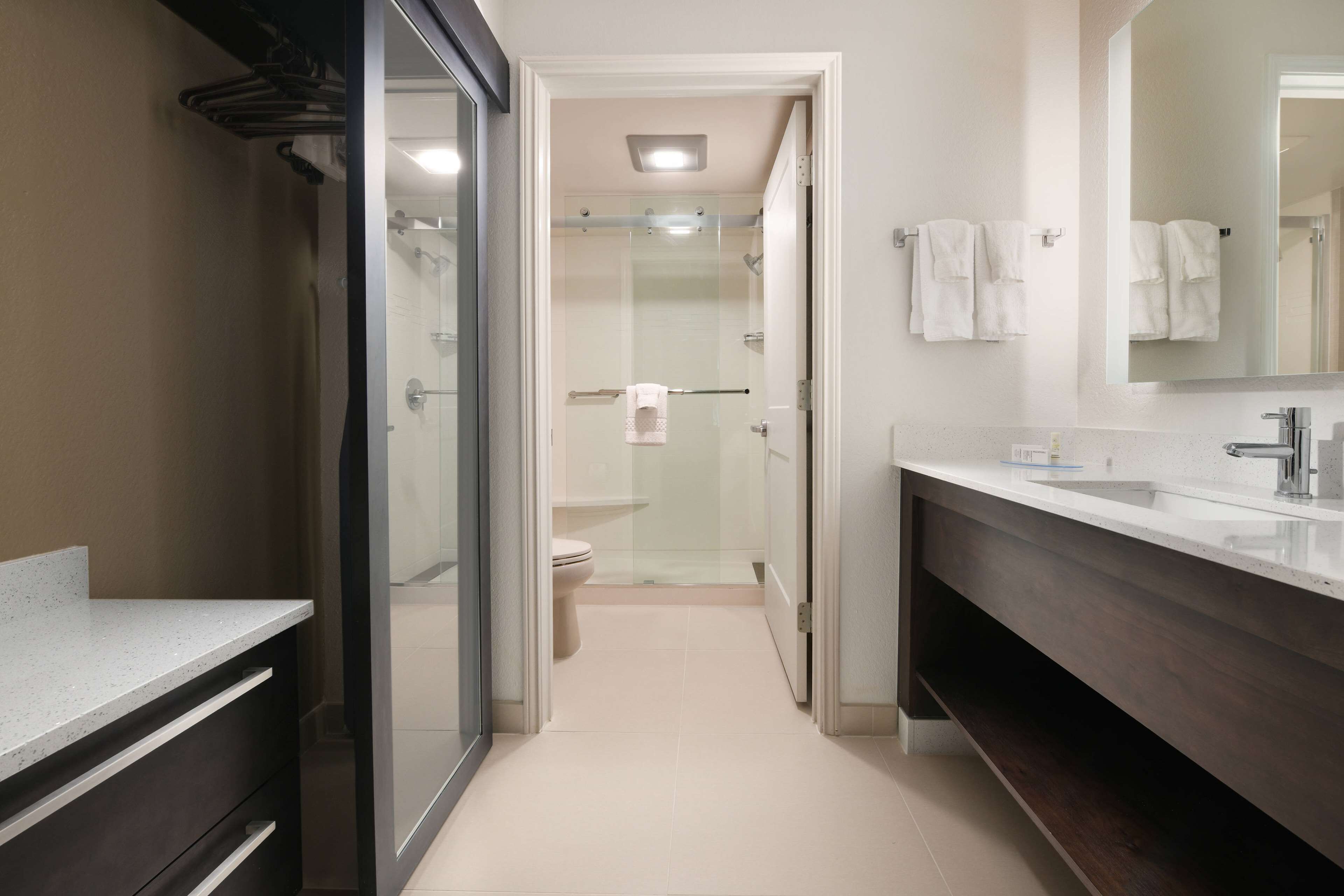 hair dryer, towels, soap, shampoo