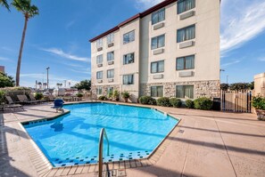 Outdoor pool, pool umbrellas, pool loungers