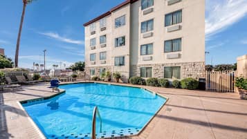 Outdoor pool, pool umbrellas, pool loungers