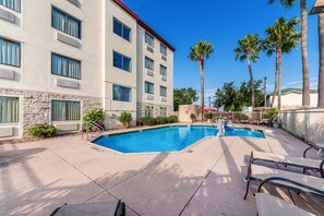 Outdoor pool, pool umbrellas, sun loungers