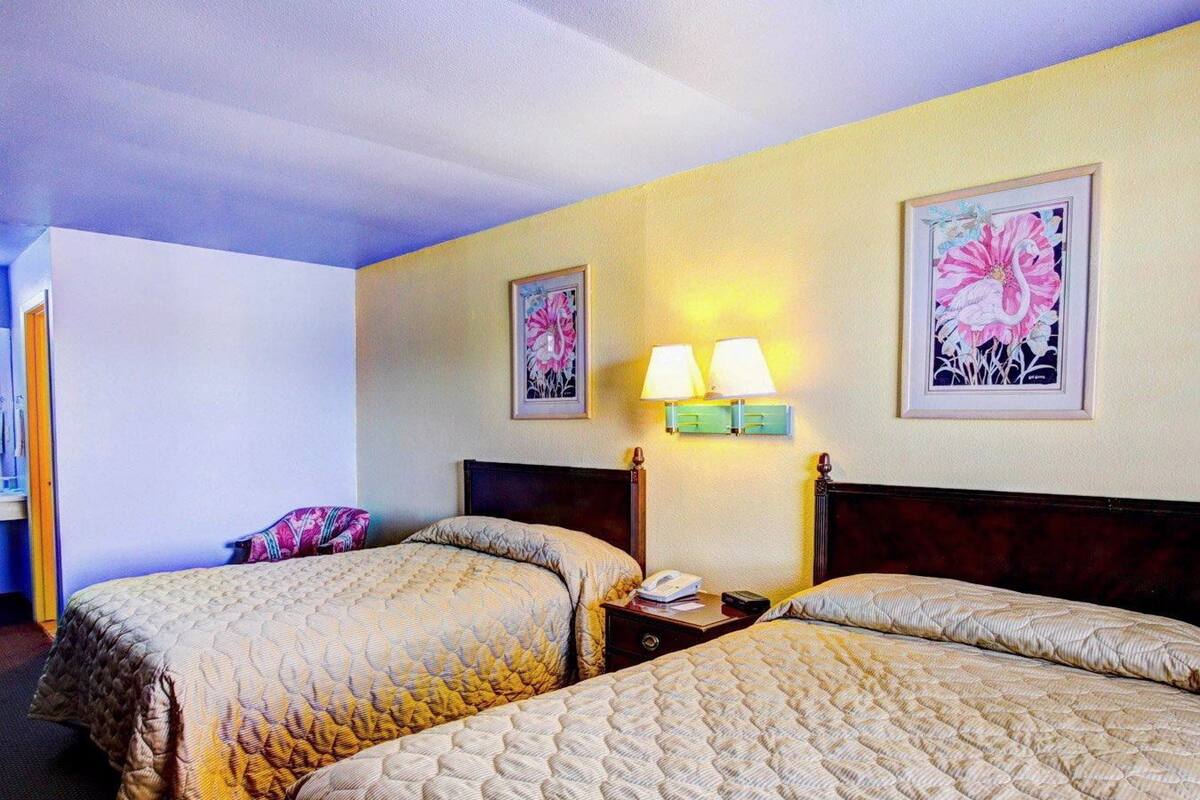 A hotel room with two beds, a nightstand with a lamp, and two framed floral paintings on the wall.
