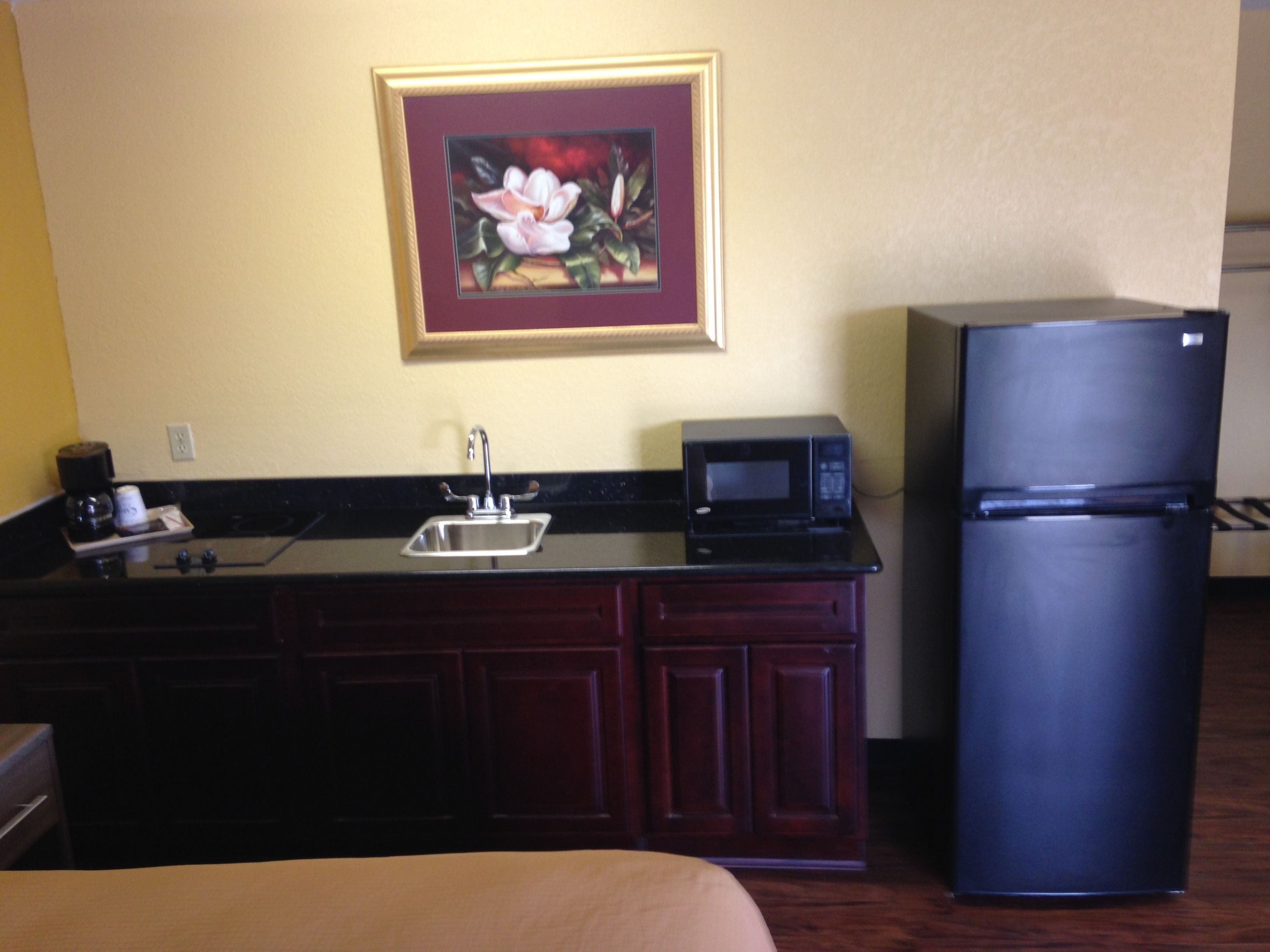 A kitchen with a black refrigerator, a microwave, a sink, and a framed picture on the wall.